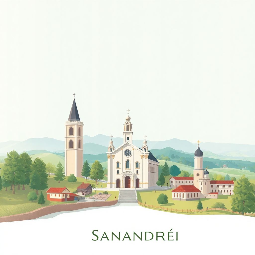 Ultra-high-definition gradient illustration style Comuna Sanandrei illustration, showing the unique charm of the Sanandrei Church and Timis County countryside.