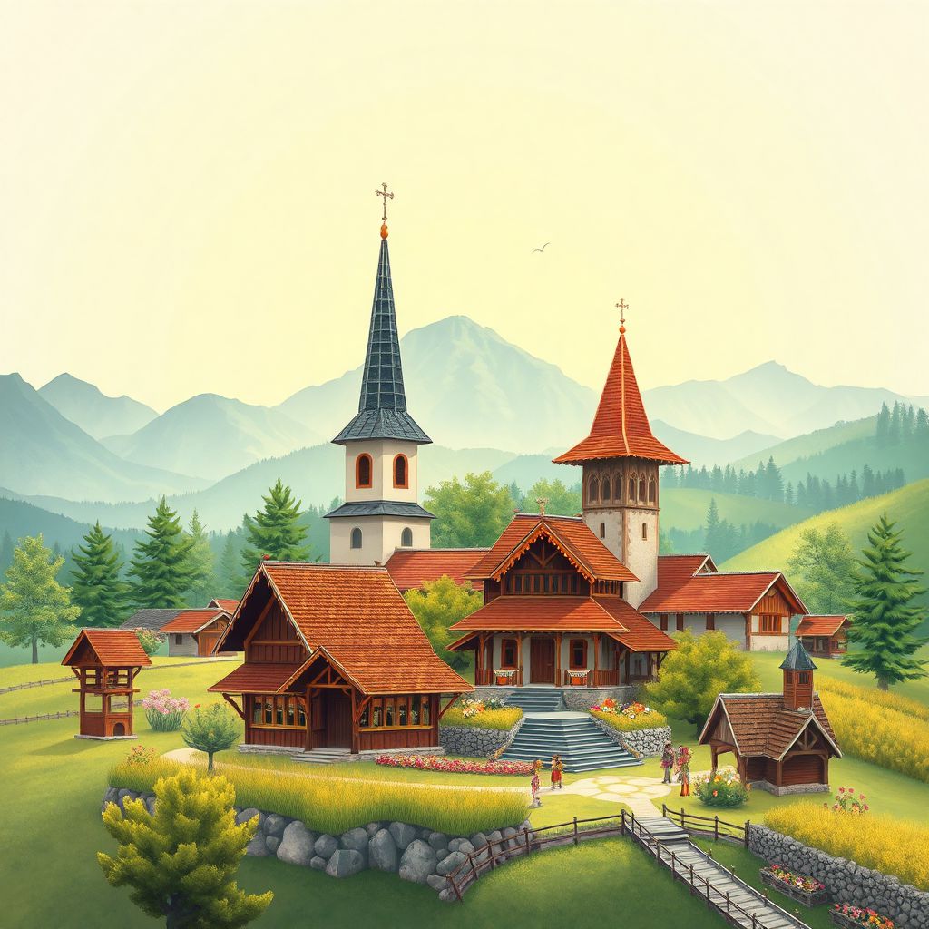 Ultra-high-definition gradient illustration of Salistea de Sus, Maramures, Romania, featuring the Merry Cemetery, wooden churches, and traditional folk art.