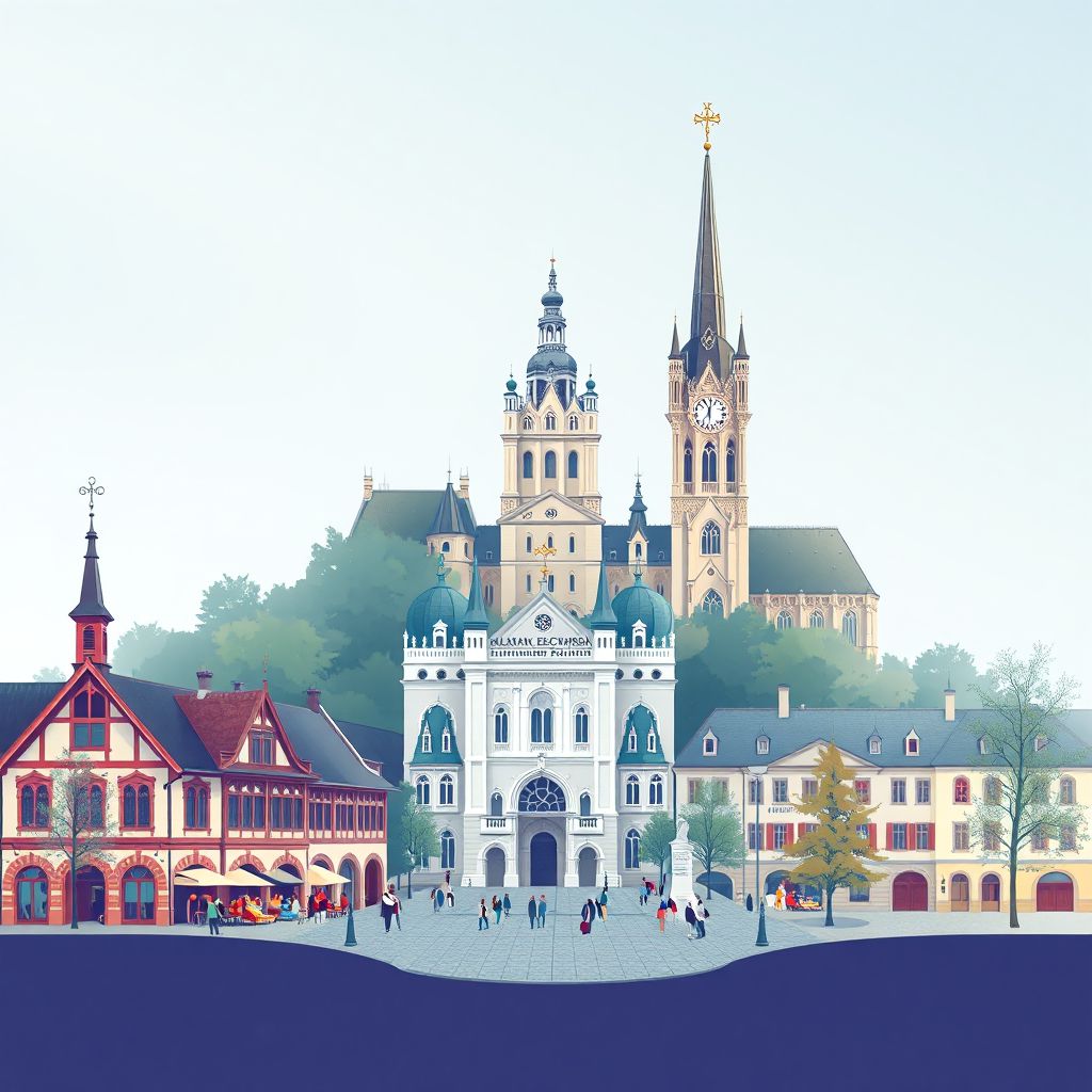 Ultra-high-definition gradient illustration style Powiat wadowicki illustration, showing the unique charm of the Wadowice Market Square, the Kalwaria Zebrzydowska, and the Wadowice Basilica.