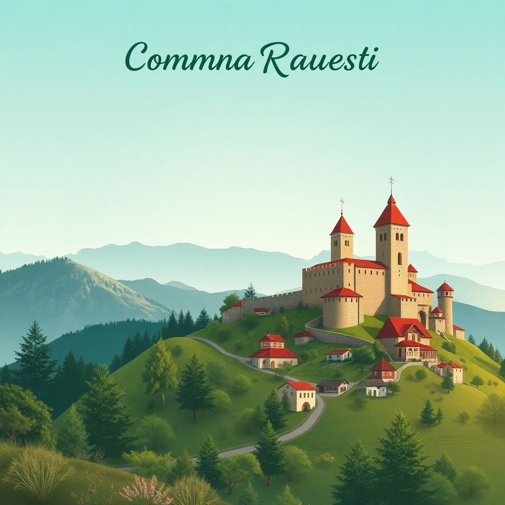 Gradient illustration of Comuna Raucesti, Neamt County, Romania, featuring Neamt Fortress, Ceahlau Mountains, and traditional Romanian cuisine.
