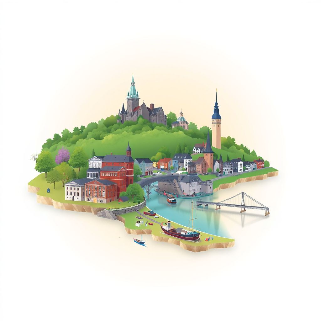 Ultra-high-definition gradient illustration style Chaudiere-Appalaches illustration, showing the unique charm of the Saint Lawrence River and the historic town of Thetford Mines.