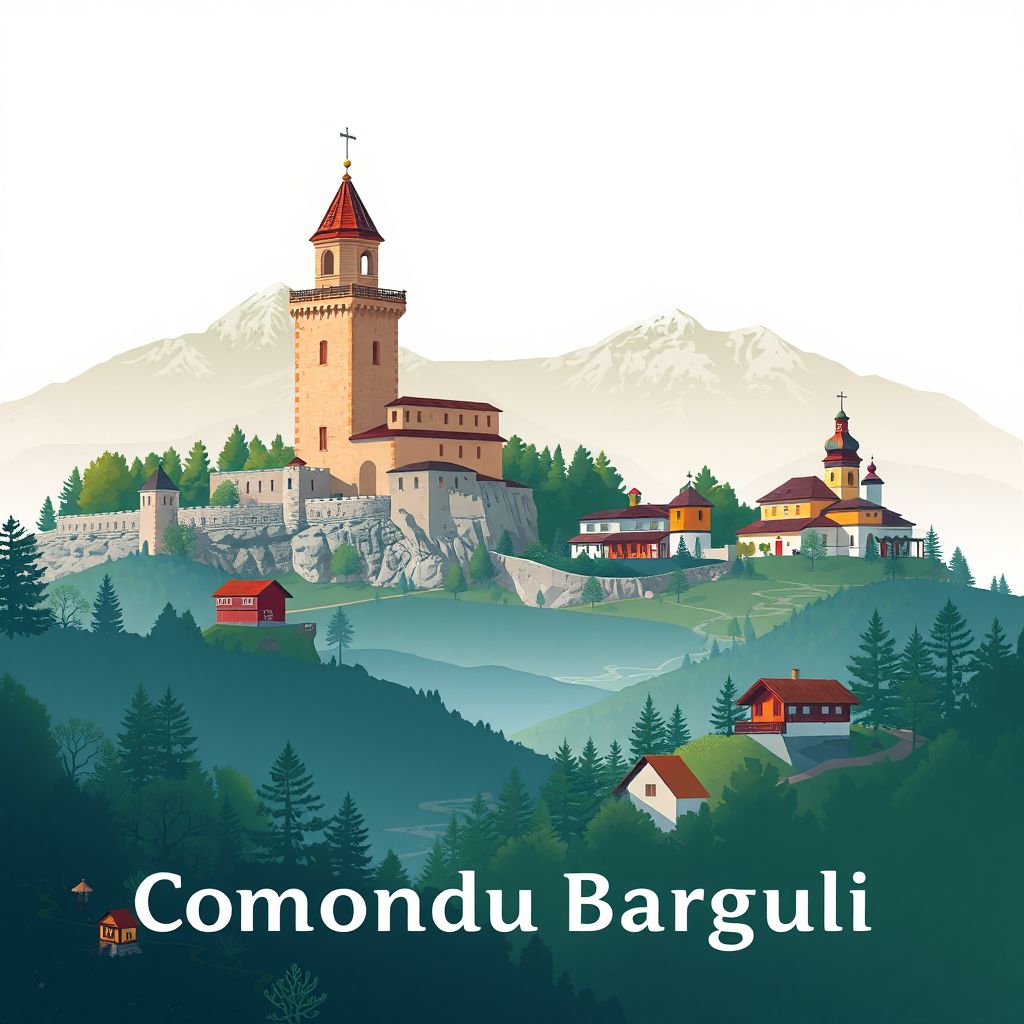 Ultra-high-definition gradient illustration style Comuna Prundu Bargaului illustration, showing the unique charm of the Bistrita-Nasaud County Tower and the Bargau Valley.