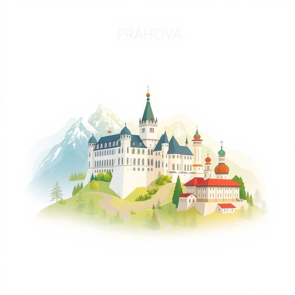 Ultra-high-definition gradient illustration style Prahova depiction, featuring Peles Castle, the Bucegi Mountains, and the Sinaia Monastery.