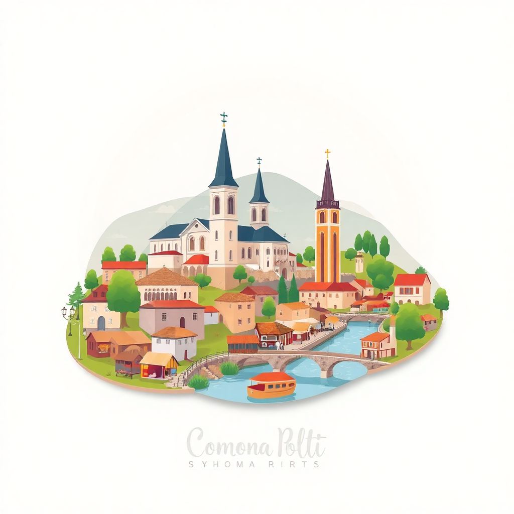 Ultra-high-definition gradient illustration style artwork of Comuna Perieti, featuring historic churches, the Olt River, and traditional Romanian cuisine.