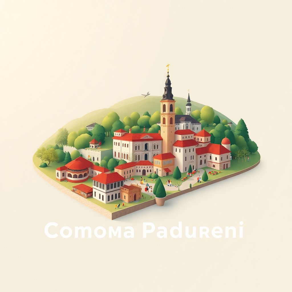 Ultra-high-definition gradient illustration style Comuna Padureni illustration, showcasing traditional Romanian architecture, local festivals, and scenic landscapes.