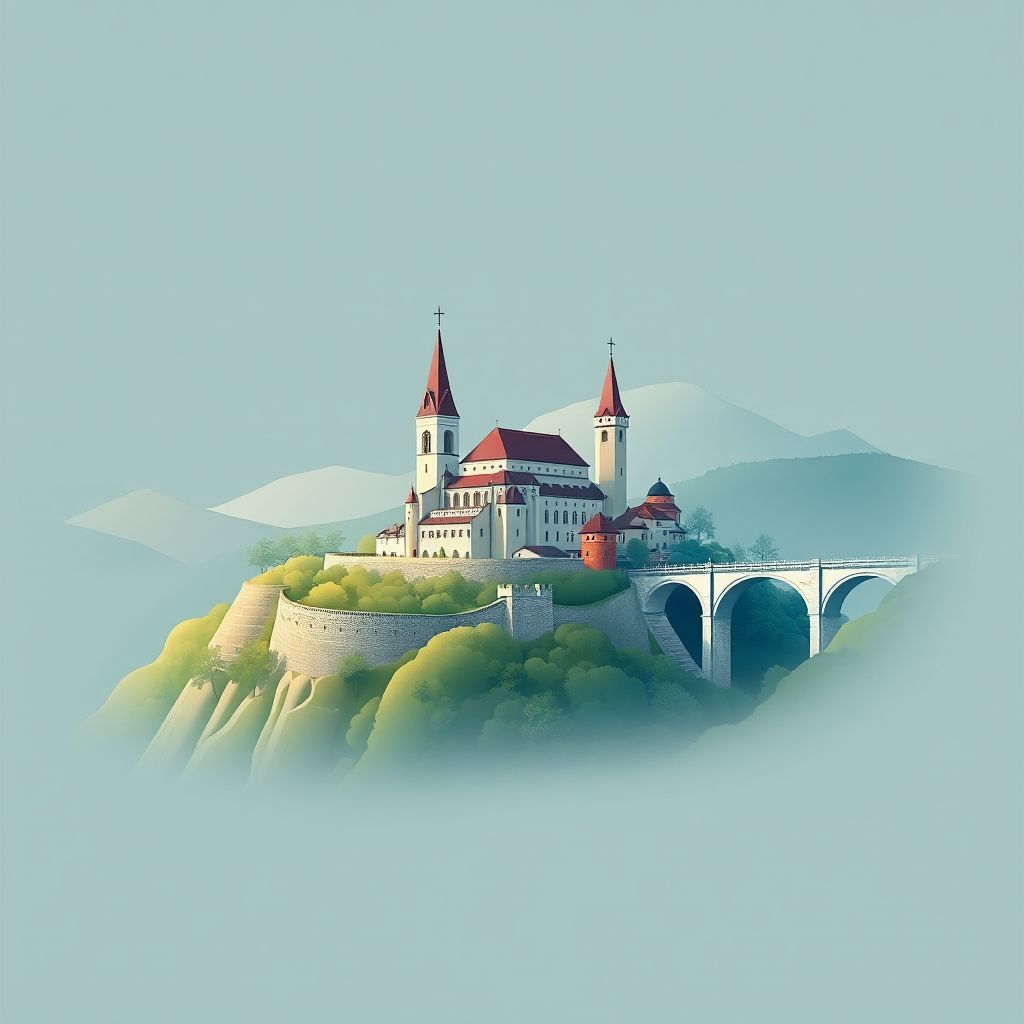 Ultra-high-definition gradient illustration style Olt illustration, showing the unique charm of the Turnu Monastery and the Corabia Bridge.