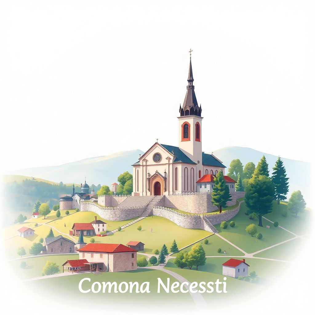 Ultra-high-definition gradient illustration style Comuna Necsesti illustration, showing the unique charm of the historic church and countryside.