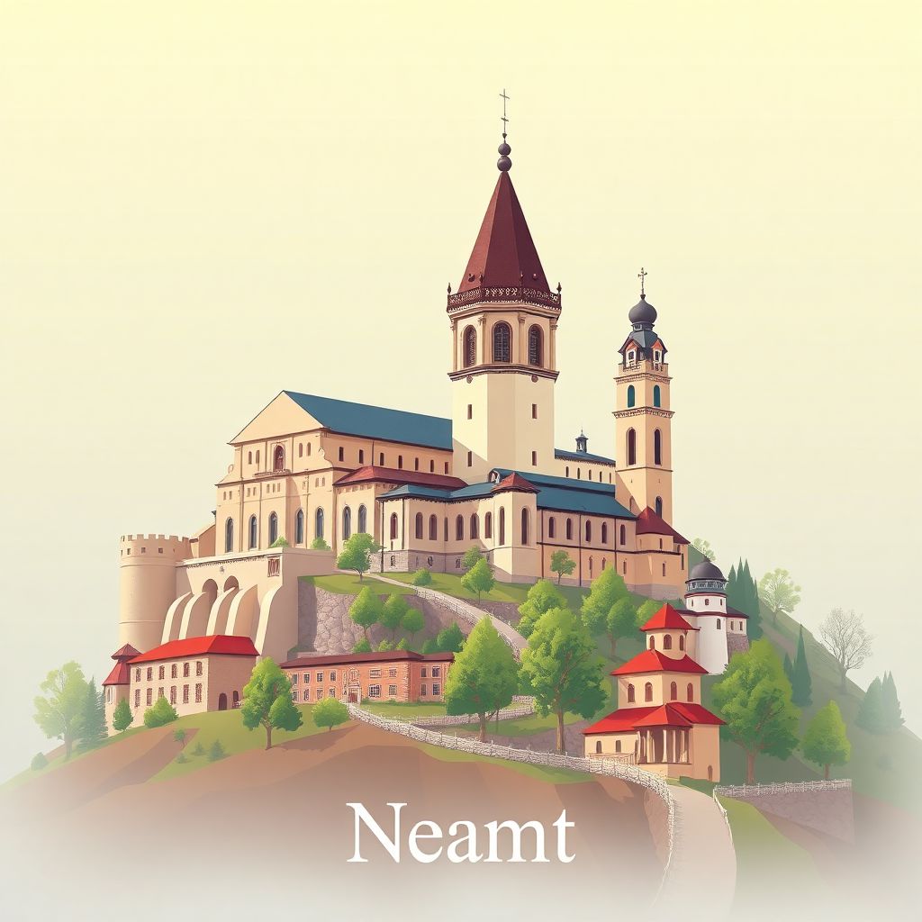 Ultra-high-definition gradient illustration style Neamt illustration, showing the unique charm of the Neamt Citadel, and the Neamt Monastery.