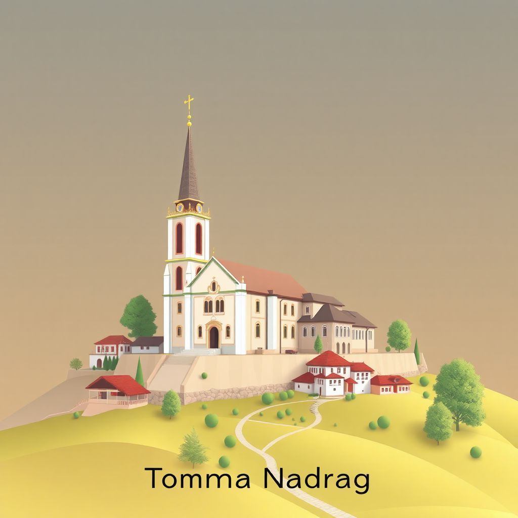 Ultra-high-definition gradient illustration of Comuna Nadrag, Timis County, Romania, featuring the Timis County Museum, Nadrag Church, and Nadrag Valley.