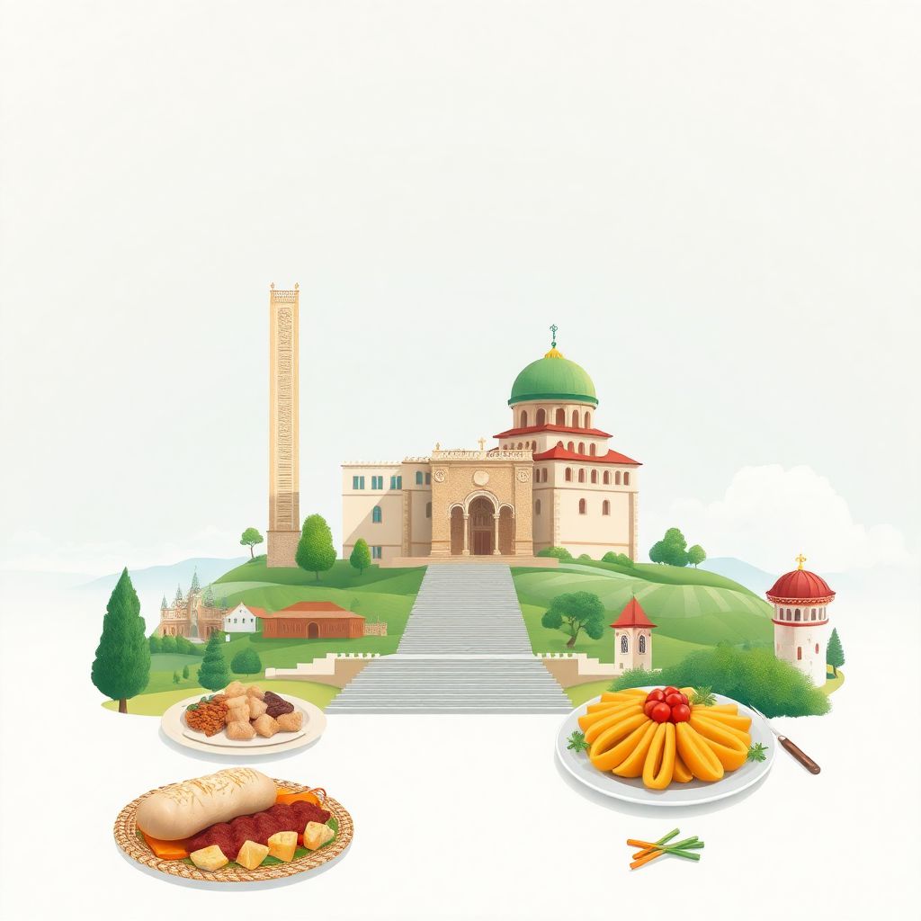 Ultra-high-definition gradient illustration style of Comuna Mihail Kogalniceanu, featuring the Mihail Kogalniceanu Memorial and the landscapes of the Dobrogea region.