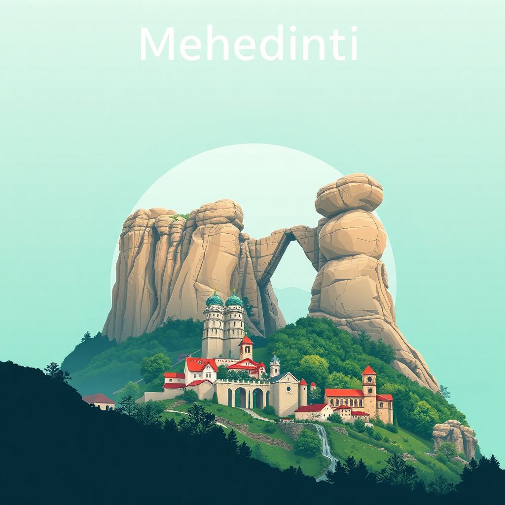 Ultra-high-definition gradient illustration style Mehedinti illustration, showing the unique charm of the Eyes of the Earth, the Iron Gates Natural Park, and the Decebalus Rex rock sculpture.
