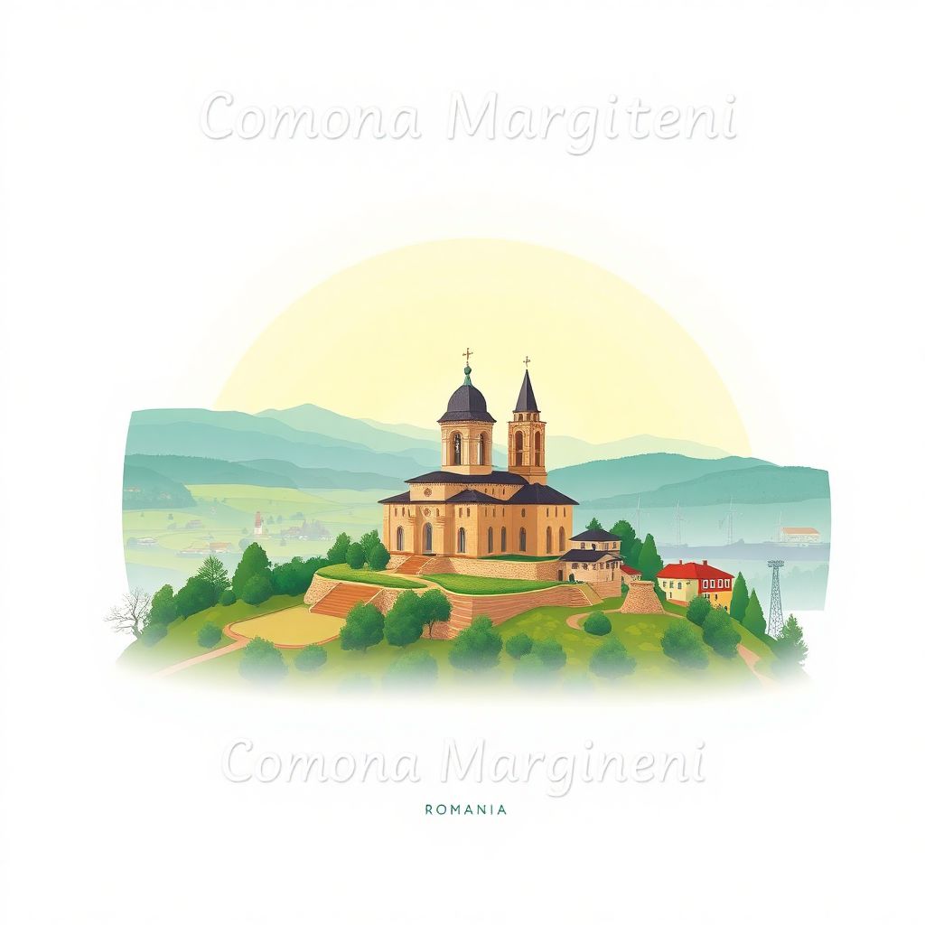 Gradient illustration of Comuna Margineni, Bacau County, Romania, featuring the Putna Monastery and scenic landscapes.