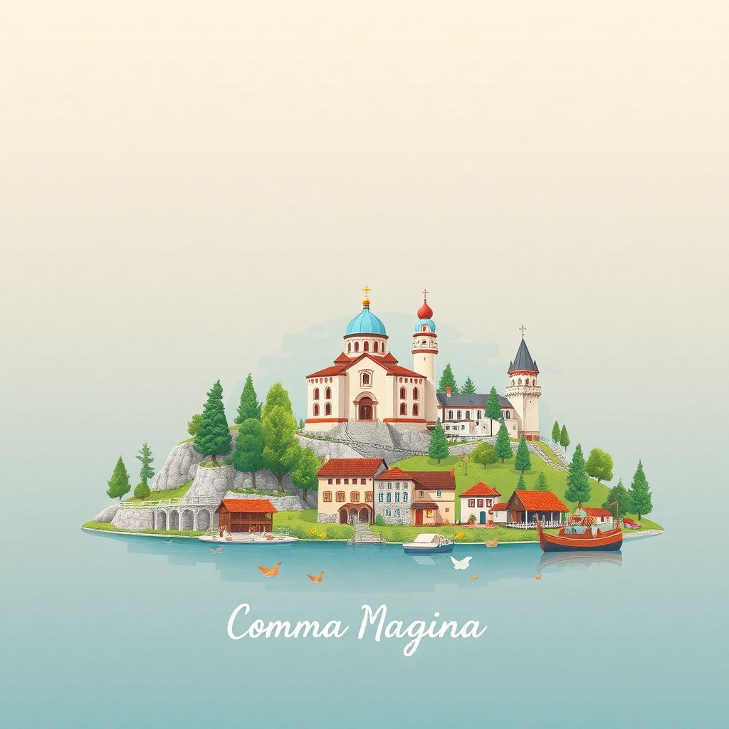 Ultra-high-definition gradient illustration style Comuna Margina illustration, showing the unique charm of the Margina Monastery, Margina Lake, and traditional sarmale.