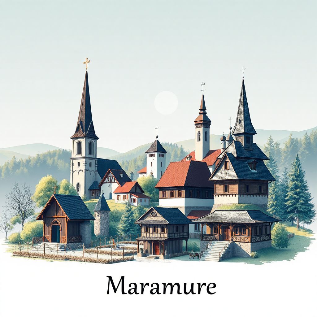 Ultra-high-definition gradient illustration of Maramures, Romania, featuring the Merry Cemetery, Barsana Monastery, and traditional wooden churches.