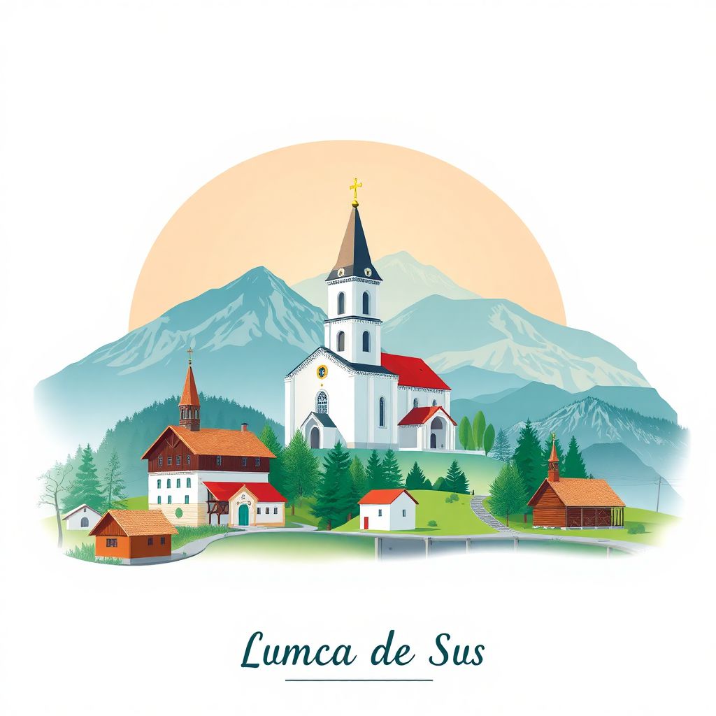 Ultra-high-definition gradient illustration of Comuna Lunca de Sus, featuring Saint Nicholas Church, Carpathian Mountains, and traditional Székely cuisine.