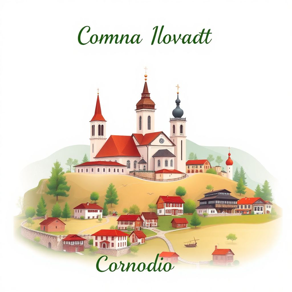 Ultra-high-definition gradient illustration style Comuna Ilovat illustration, showing the unique charm of historic churches and scenic landscapes.