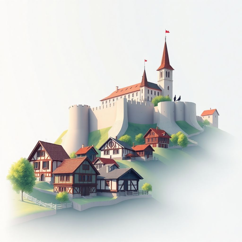 Ultra-high-definition gradient illustration style Comuna Iaslovat illustration, showing the unique charm of the Suceava Fortress and local traditional wooden houses.