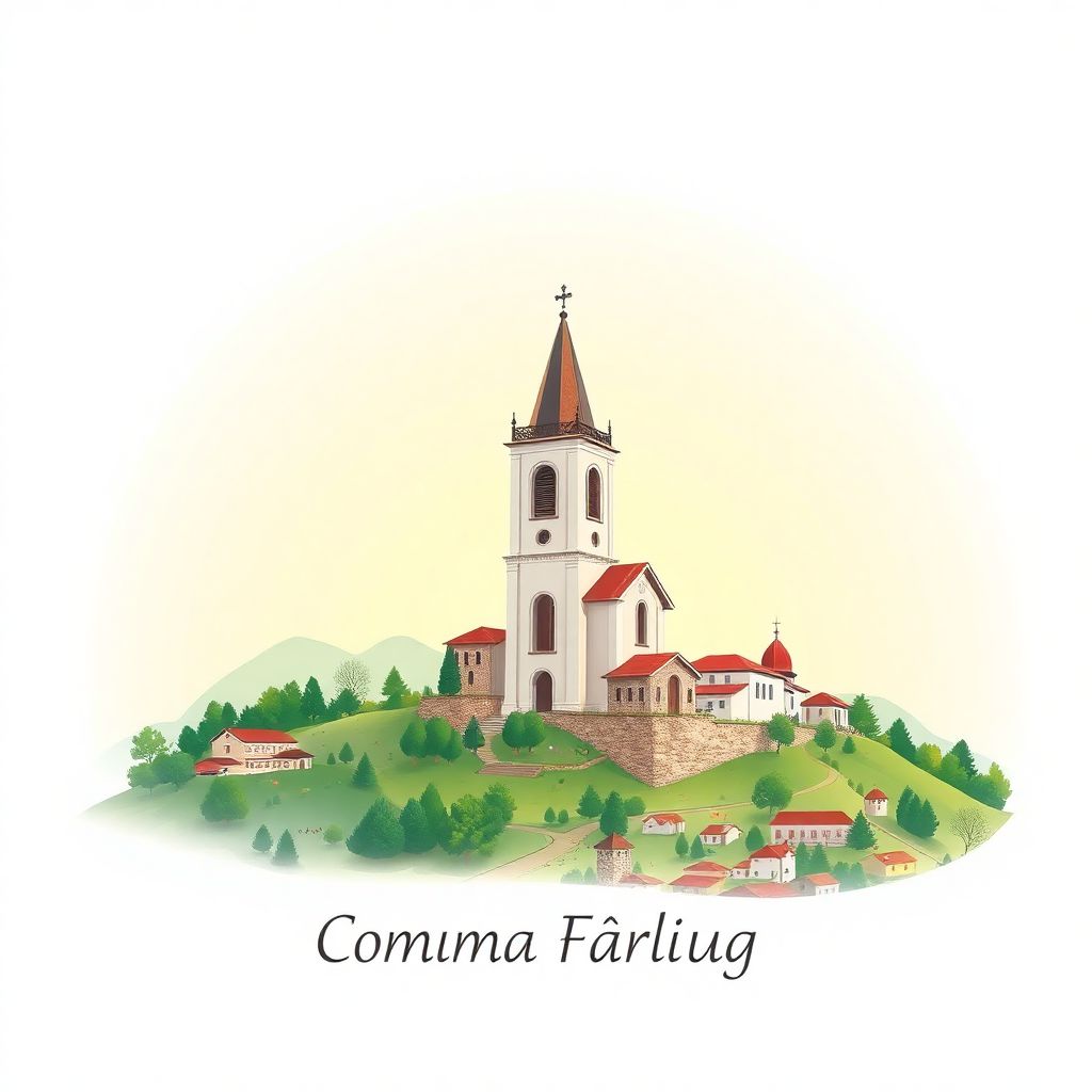 Ultra-high-definition gradient illustration of Comuna Farliug, featuring the Farliug Church and scenic landscapes of Caras-Severin County.