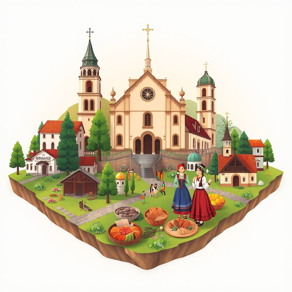Ultra-high-definition gradient illustration of Comuna Deleni, Iasi County, Romania, featuring the Deleni Church and traditional Romanian folk costumes.