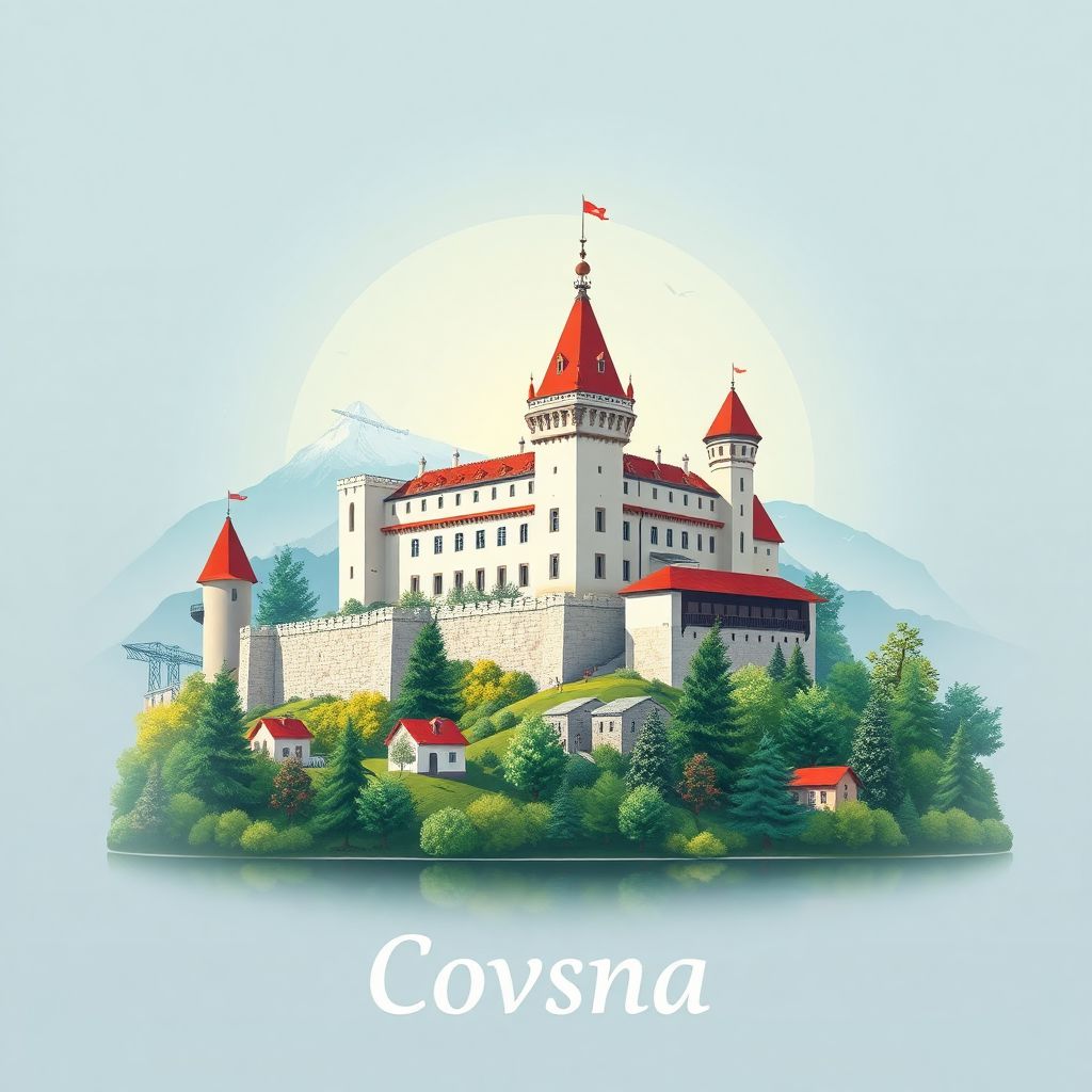 Ultra-high-definition gradient illustration of Covasna, featuring Bálványos Castle, Saint Anna Lake, and Székely goulash.
