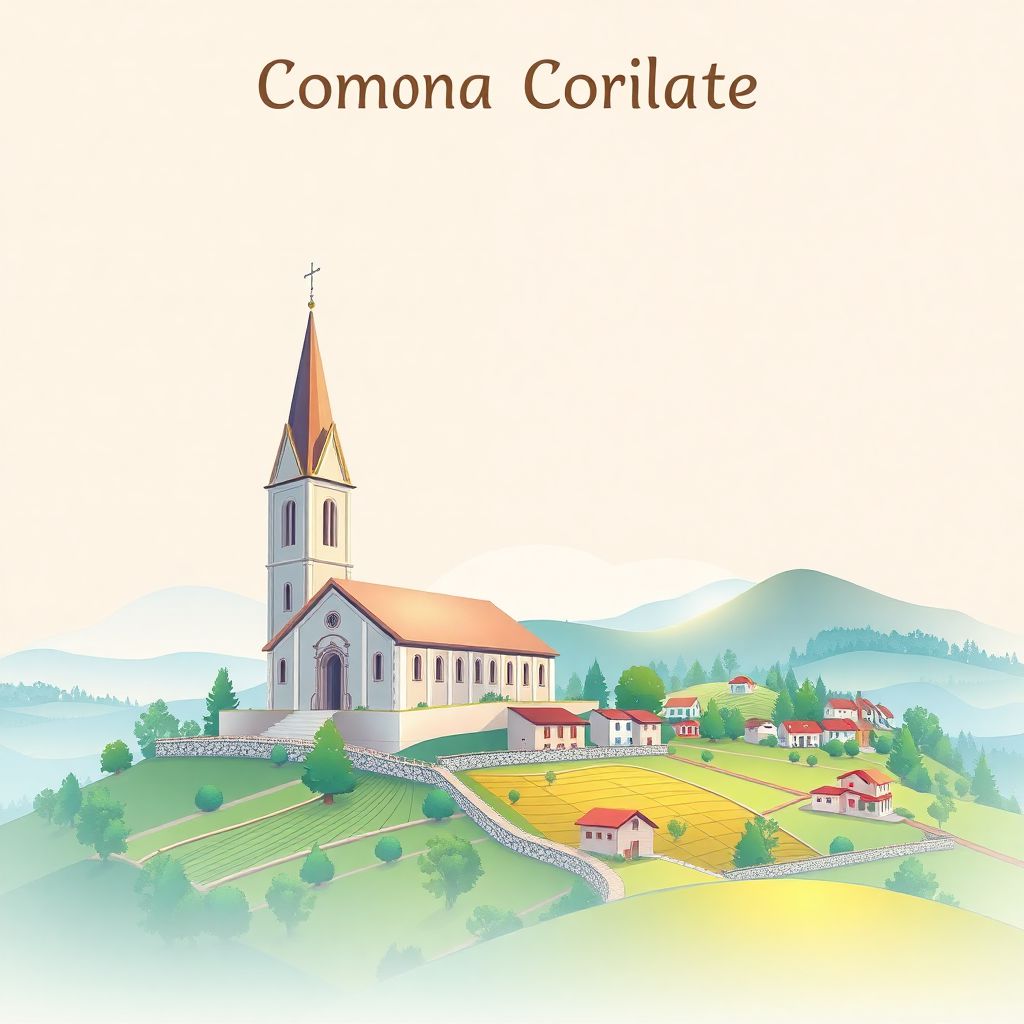 Ultra-high-definition gradient illustration style Comuna Corlatel illustration, showing the unique charm of the historic church and the scenic countryside.