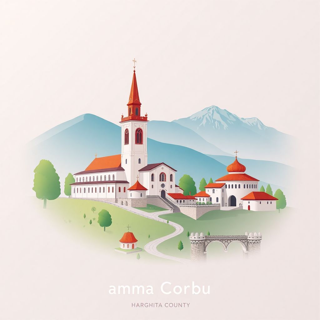 Gradient illustration of Comuna Corbu, Romania, featuring the Saint George Monastery, Szekely Gates, and Harghita Mountains.