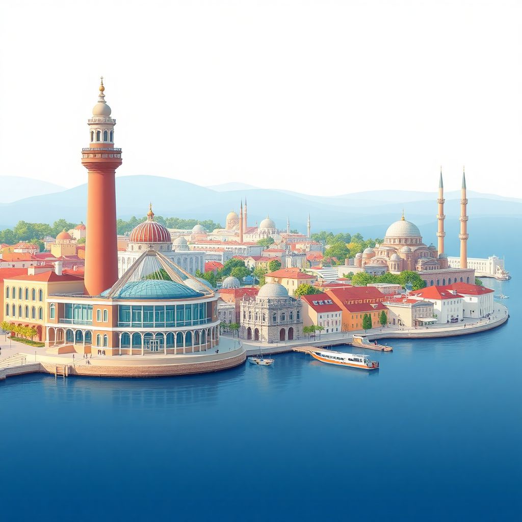 Ultra-high-definition gradient illustration style Constanta illustration, showing the unique charm of the Casino Constanta, the Genovese Lighthouse, and the Carol I Mosque.