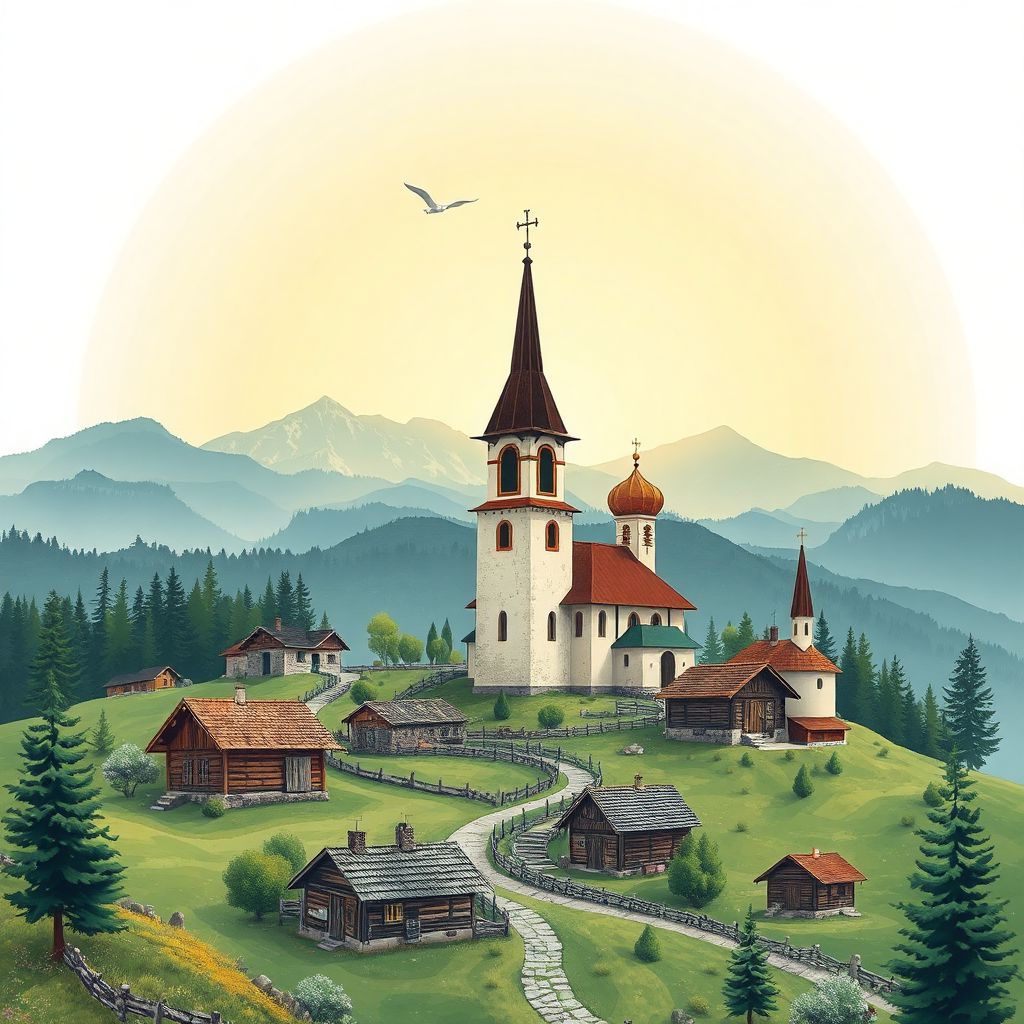 Ultra-high-definition gradient illustration of Comuna Comandau, Covasna County, Romania, featuring Carpathian Mountains, traditional wooden churches, and local villages.