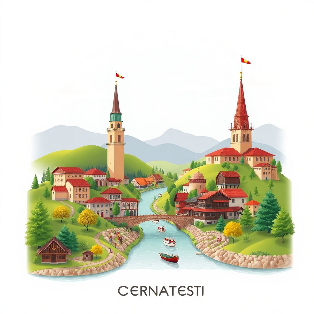 Ultra-high-definition gradient illustration of Comuna Cernatesti, Buzau County, Romania, featuring the Buzau River, traditional architecture, and Ciucas Peak.