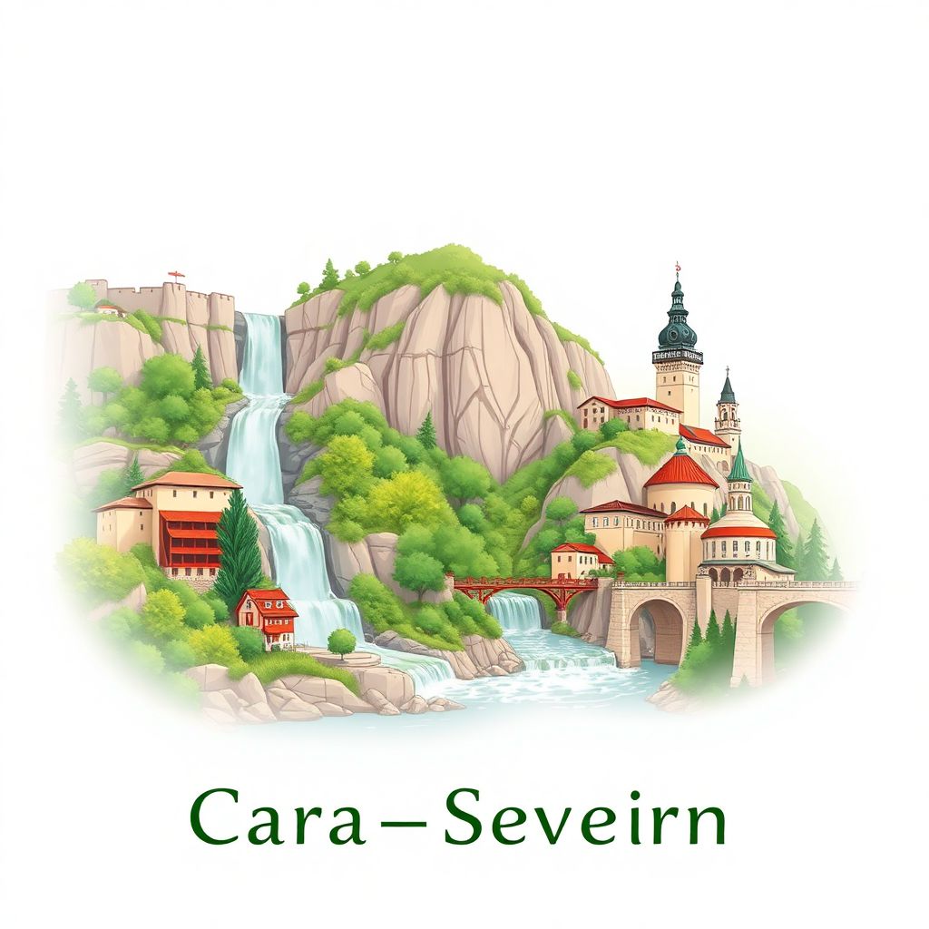 Ultra-high-definition gradient illustration style Caras-Severin illustration, showing the unique charm of the Bigar Waterfall, the Danube River, and the Iron Gates National Park.