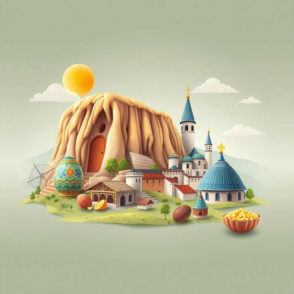 Ultra-high-definition gradient illustration of Comuna Cajvana, Suceava, Romania, featuring the Cacica Salt Mine, painted eggs from Bucovina, and mamaliga.