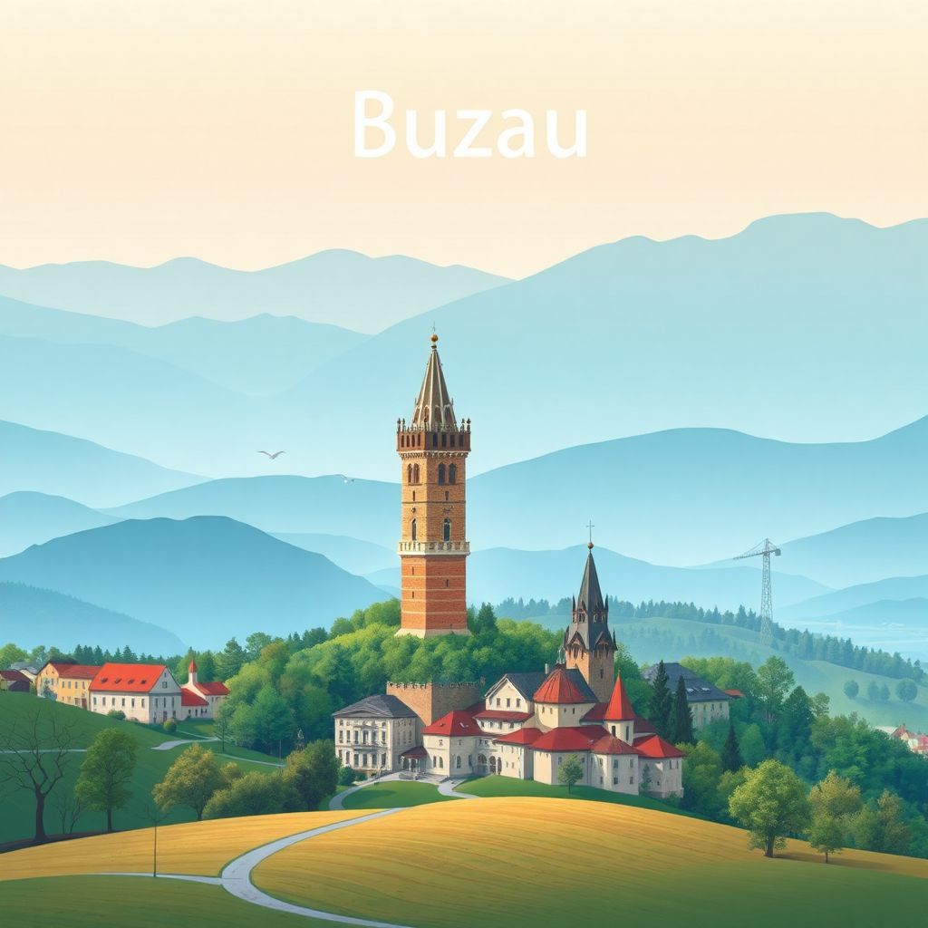 Ultra-high-definition gradient illustration of Buzau, featuring the Buzau Tower and the Buzau Valley.