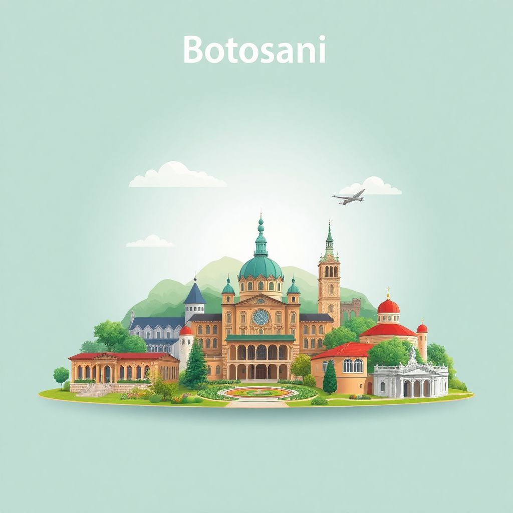 Ultra-high-definition gradient illustration style Botosani illustration, showing the unique charm of the Museum of Natural Sciences, the Botosani County Museum, and beautiful parks and gardens.