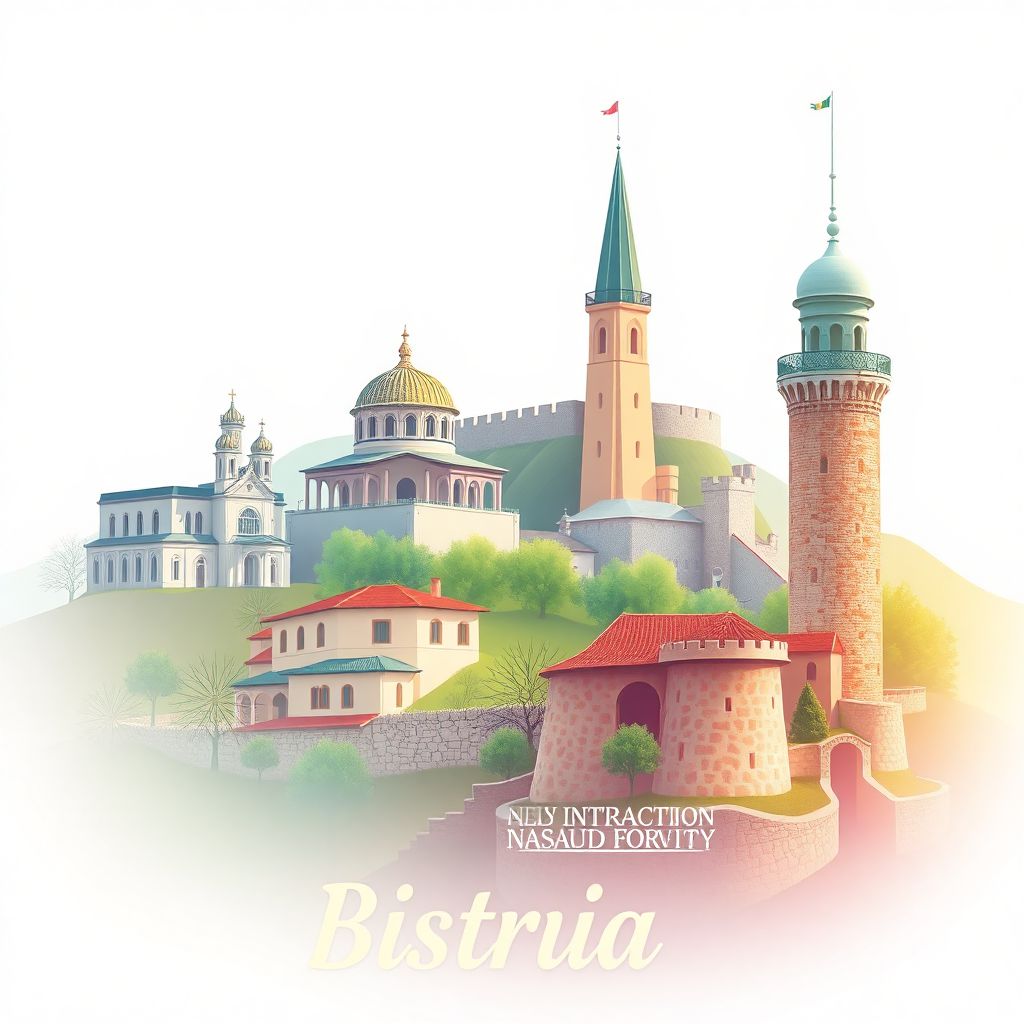 Ultra-high-definition gradient illustration of Bistrita-Nasaud, featuring the Bistrita Synagogue, the Petrodava Dacian Fortress, and the Bistrita Tower.