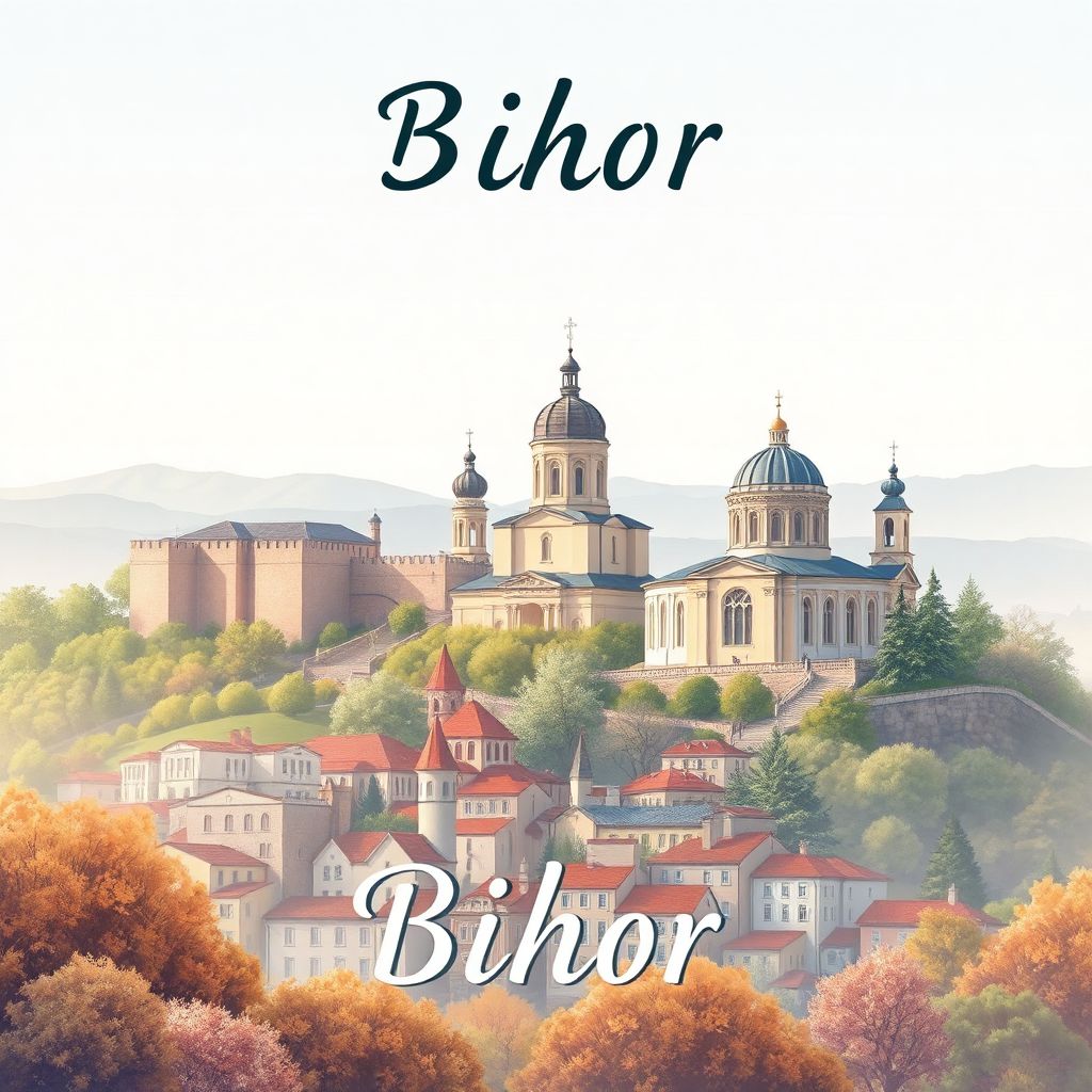 Ultra-high-definition gradient illustration of Bihor, Romania, featuring the Oradea Fortress and the Moon Church.