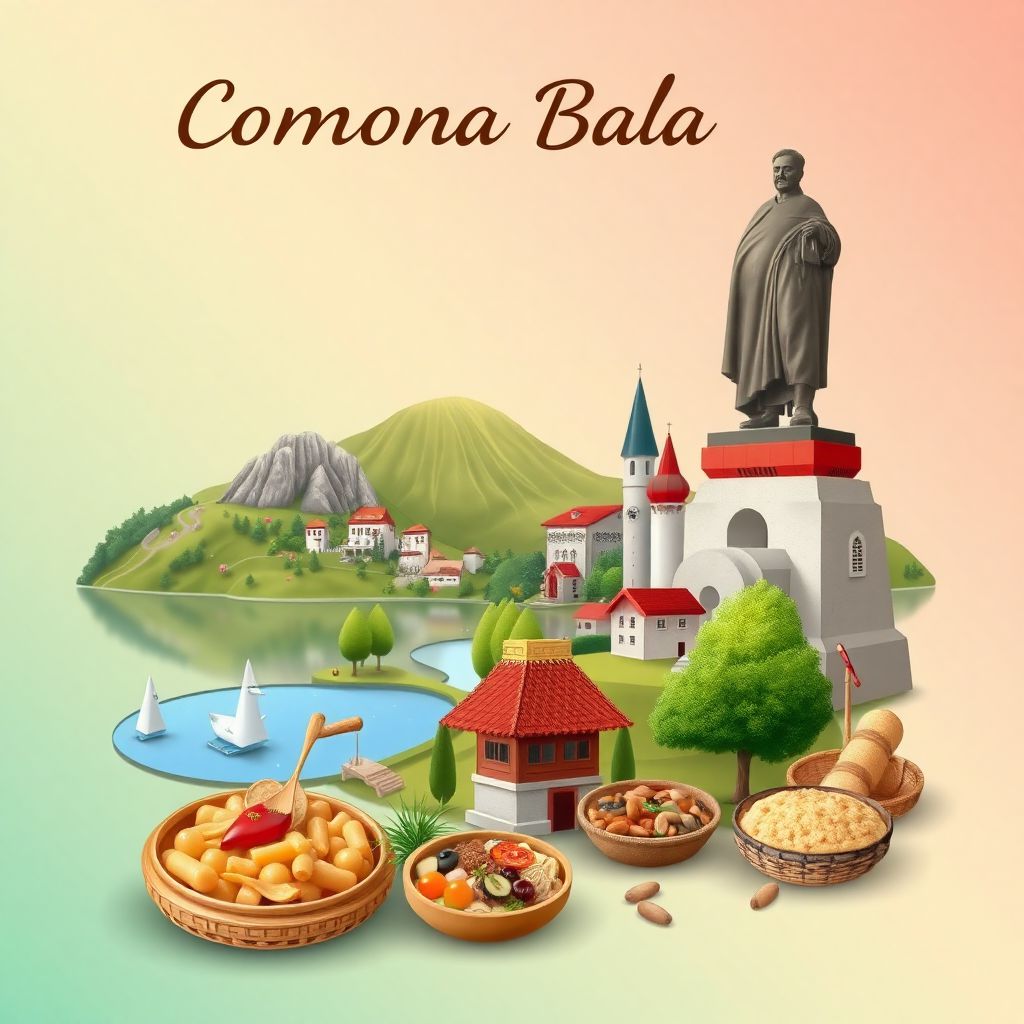 Ultra-high-definition gradient illustration of Comuna Bala, Mehedinti County, Romania, featuring the Decebal Statue, Orsova Lake, and traditional cuisine.