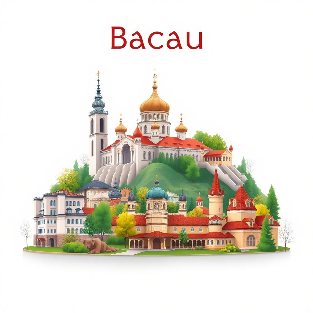 Ultra-high-definition gradient illustration style Bacau illustration, showing the unique charm of the Precista Monastery, the Bacau Zoo, and the Ceahlau National Park.