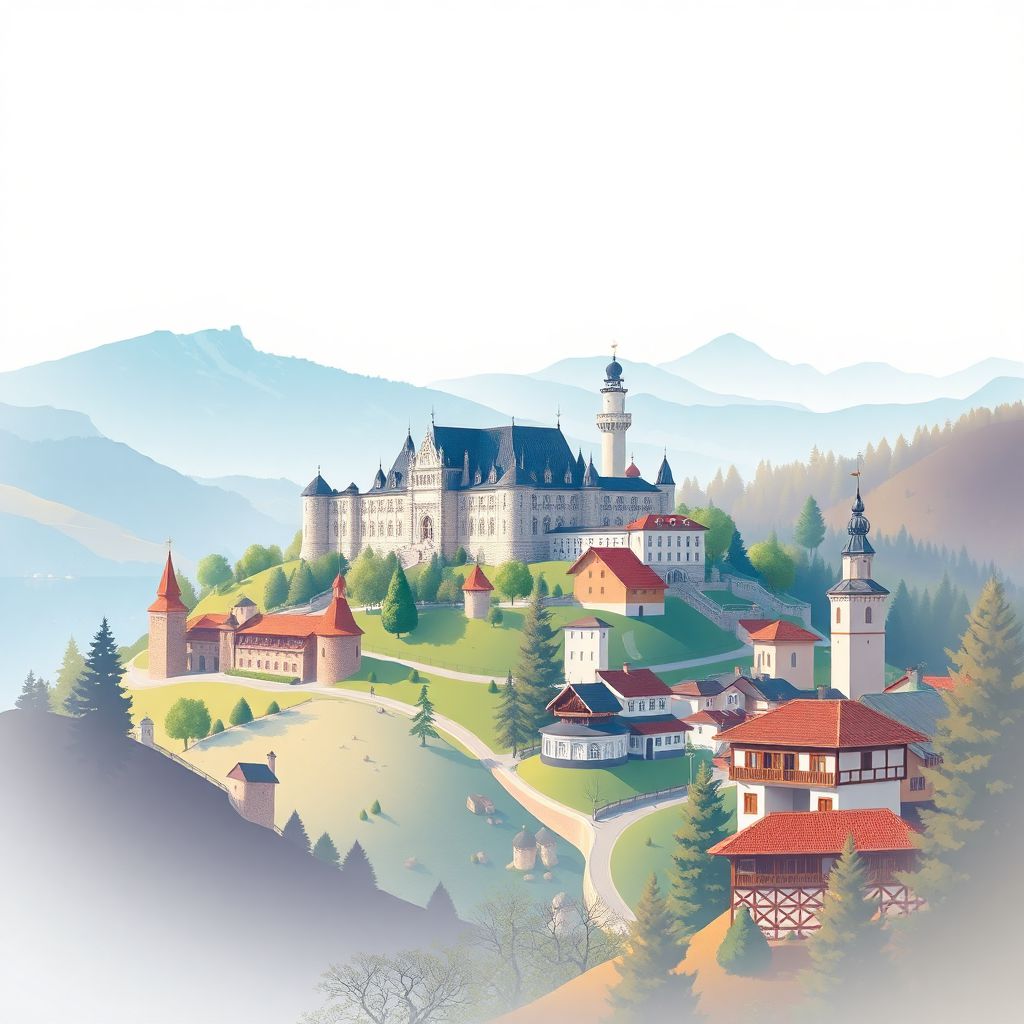 Ultra-high-definition gradient illustration of Comuna Apostolache, Prahova, Romania, featuring Peles Castle, traditional architecture, and Prahova Valley landscapes.