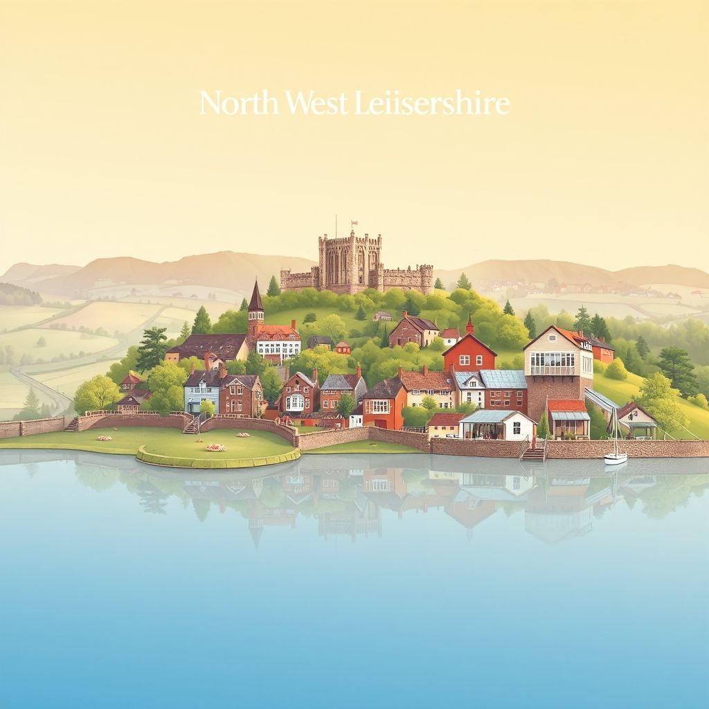 Ultra-high-definition gradient illustration of North West Leicestershire, featuring Ashby Castle, Ashby-de-la-Zouch, countryside, Staunton Harold Reservoir, Stilton cheese, and Melton Mowbray pork pies.