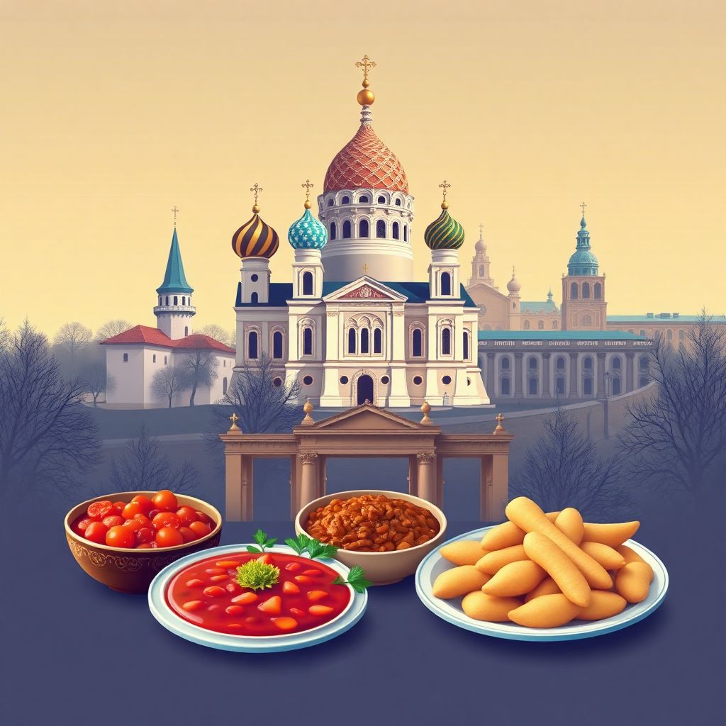 Ultra-high-definition gradient illustration style Ukrainian illustration, featuring Saint Sophia's Cathedral and the Kiev Pechersk Lavra