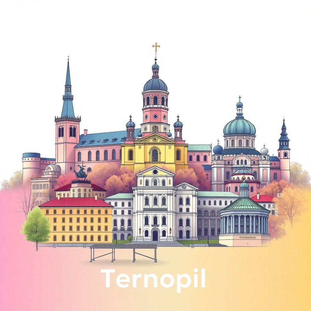 Ultra-high-definition gradient illustration style Ternopil illustration, featuring the Ternopil Castle, the Church of the Nativity of Christ, and the Ternopil Regional Museum.