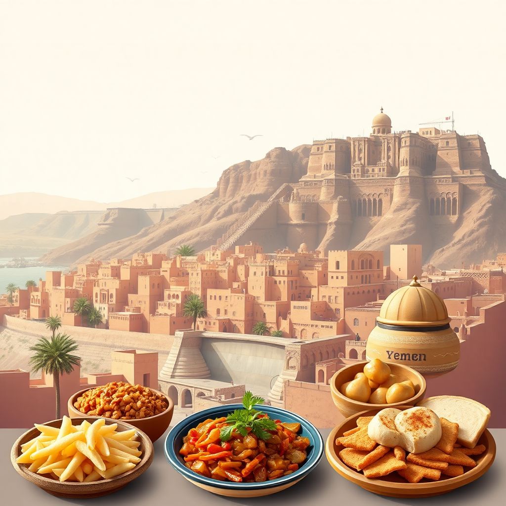 Ultra-high-definition gradient illustration style Yemen illustration, featuring the ancient city of Sanaa and Jabal an Nabi Shu'ayb