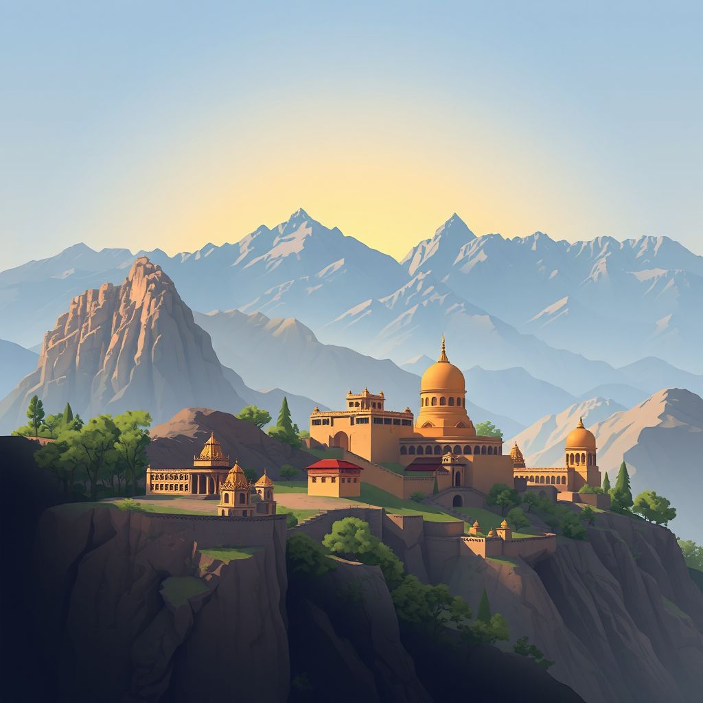 Ultra-high-definition gradient illustration style Daykundi Province illustration, showing the unique charm of the Band-e Amir National Park and ancient Buddhist sites.