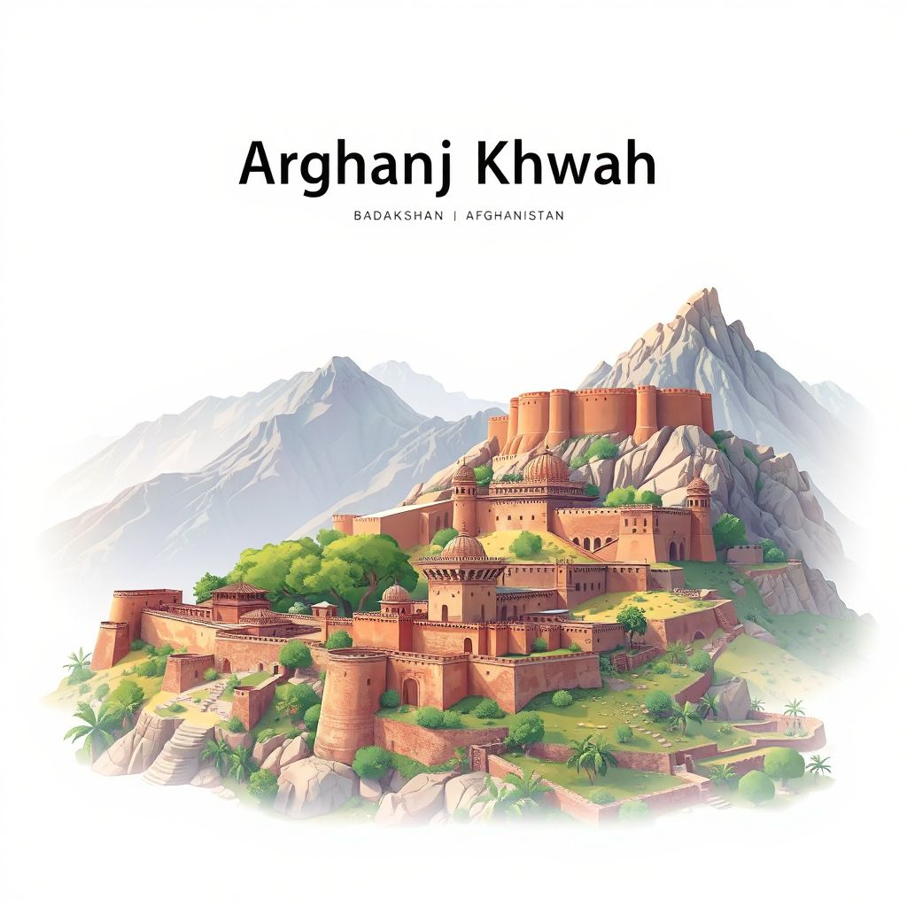 Ultra-high-definition gradient illustration style image of Arghanj Khwah, featuring ancient fortresses and natural landscapes.