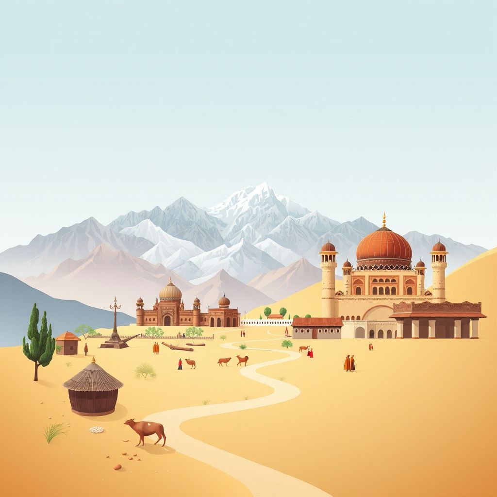 Ultra-high-definition gradient illustration style Argo illustration, showing the unique charm of the Pamir Mountains, the Wakhan Corridor, and Kabuli Pulao.
