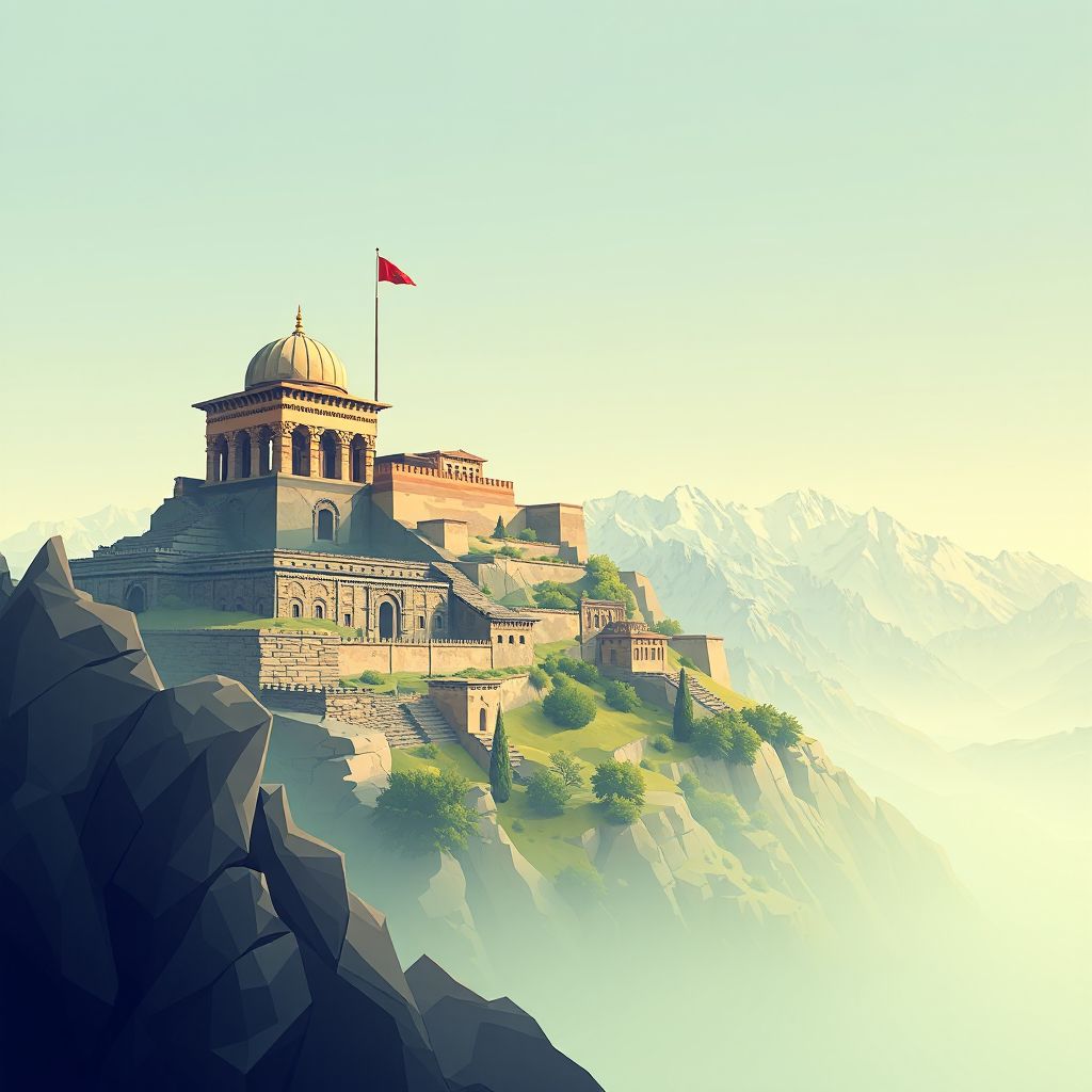 Ultra-high-definition gradient illustration style Baharak illustration, showing the unique charm of the ancient ruins of Takht-e Safar and the Pamir Mountains.