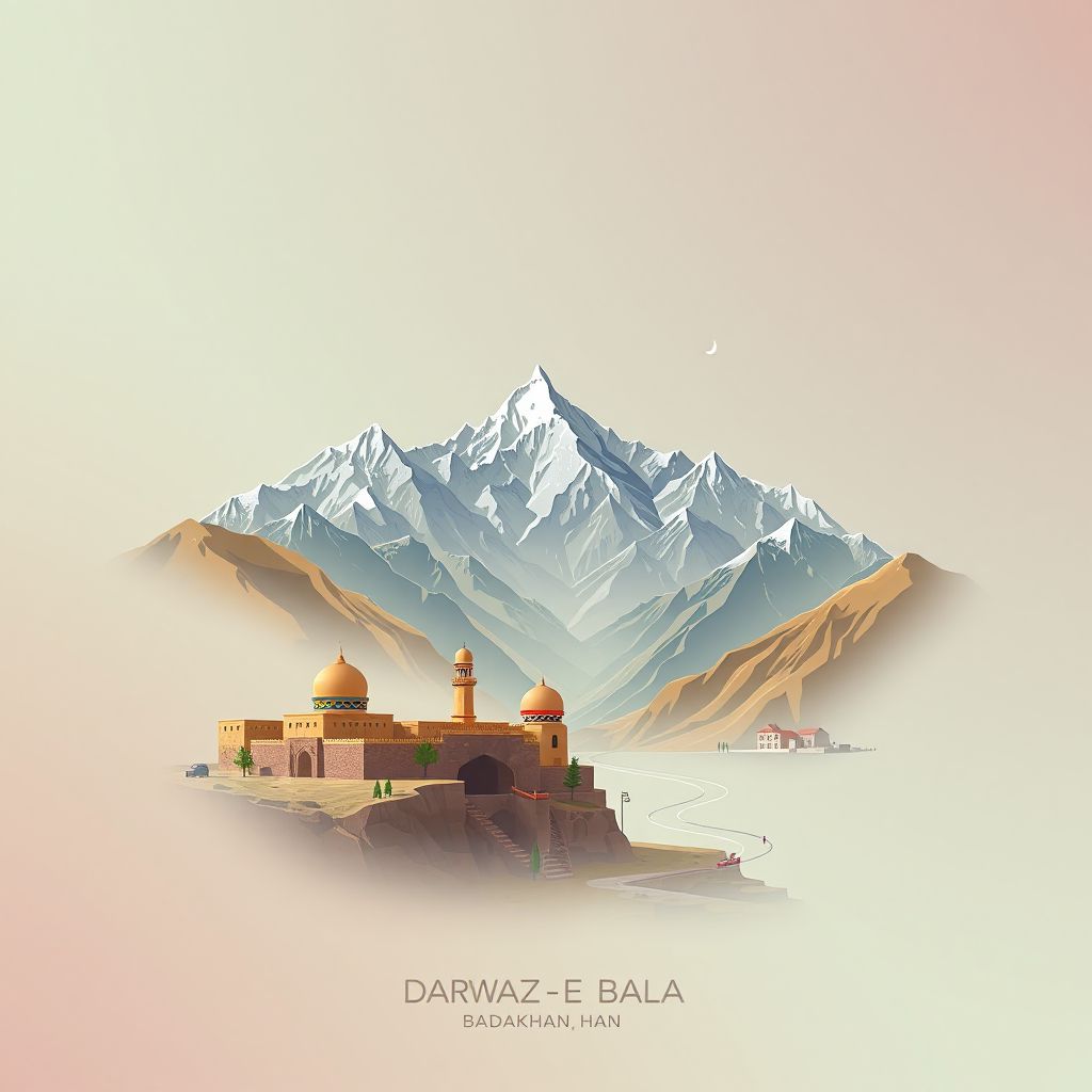 Ultra-high-definition gradient illustration style Darwaz-e Bala illustration, showing the unique charm of the Darwaz Pass and the Pamir Mountains.