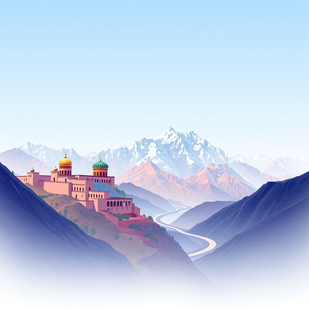 Ultra-high-definition gradient illustration style Darwaz-e Pa'in illustration, showing the unique charm of the Darwaz Pass and the Pamir Mountains.