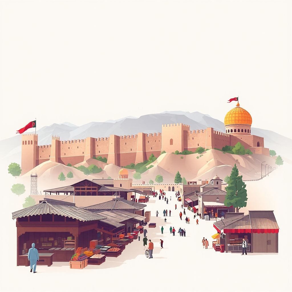 Ultra-high-definition gradient illustration style Faizabad illustration, showing the unique charm of the ancient city walls, the local bazaar, and traditional Afghan cuisine.