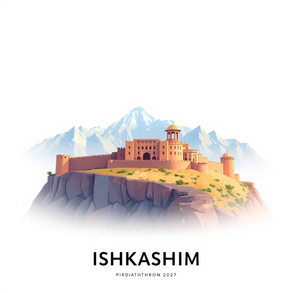 Ultra-high-definition gradient illustration style Ishkashim illustration, showing the unique charm of the Ishkashim Fort and the Pamir Mountains.
